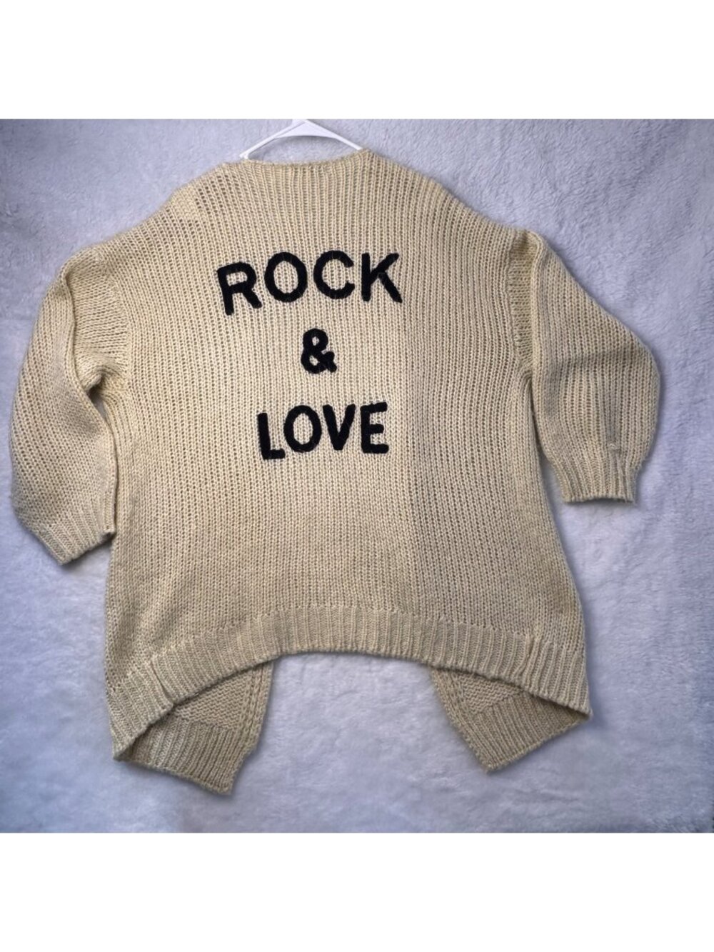 Fashion large Ivory Rock & Love graphic open front chunky knit sweater oversized